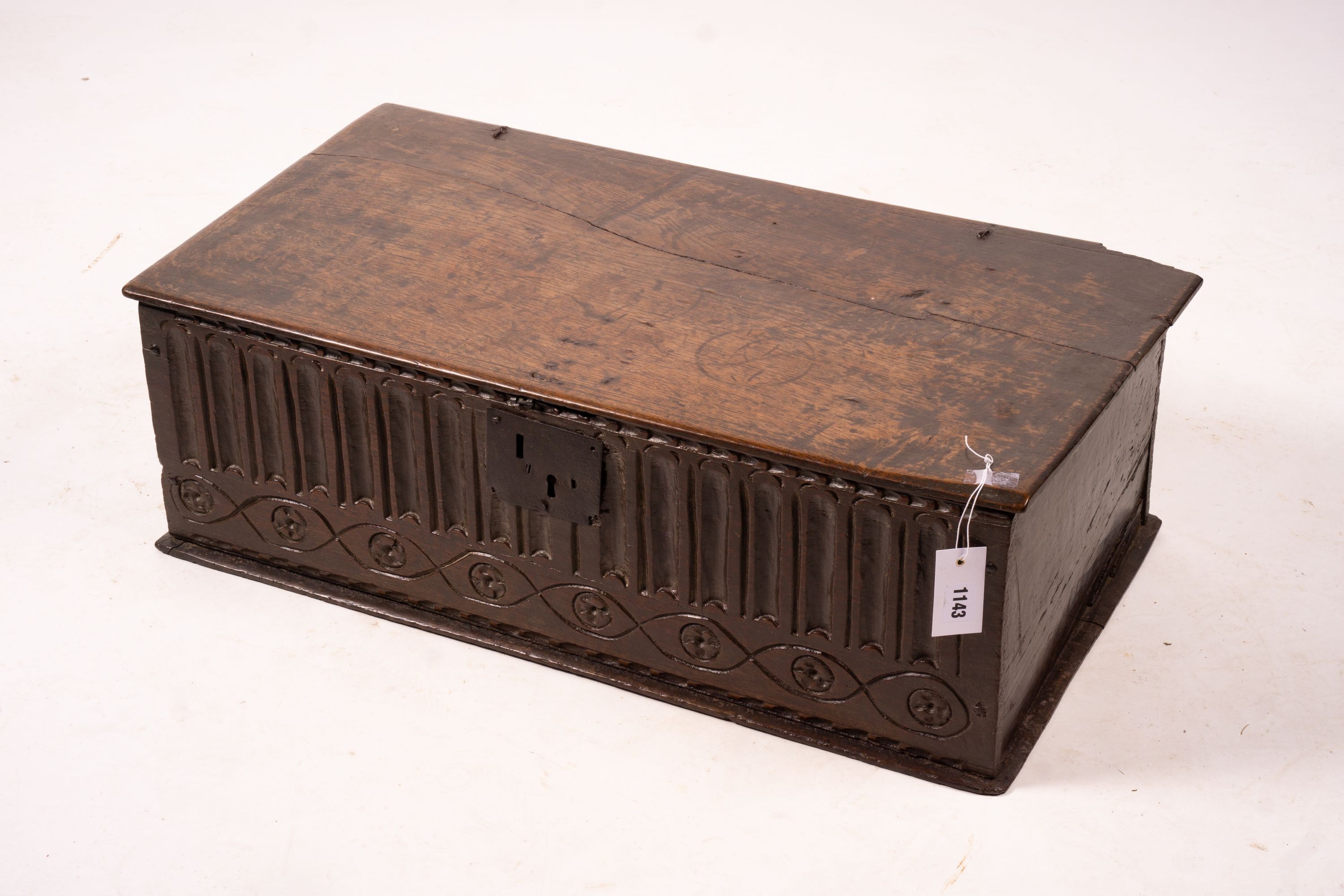 A 17th century rectangular carved oak bible box, W.74cm D.40cm H.25cm